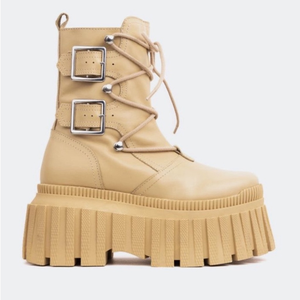 * NEW L'Intervalle Loker Tan Leather Monolith Chunky Sole Buckle Combat Boots 39